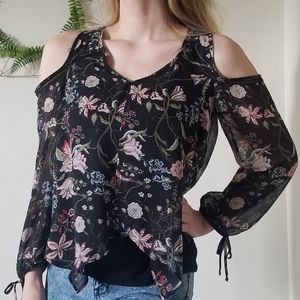 BCX black sheer floral cold shoulder long sleeves